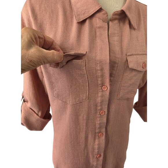Cavalini Pink Button-Up Shirt Women Sz PL Roll-Tab Slv Collared Rib Knit Detail - Picture 5 of 9